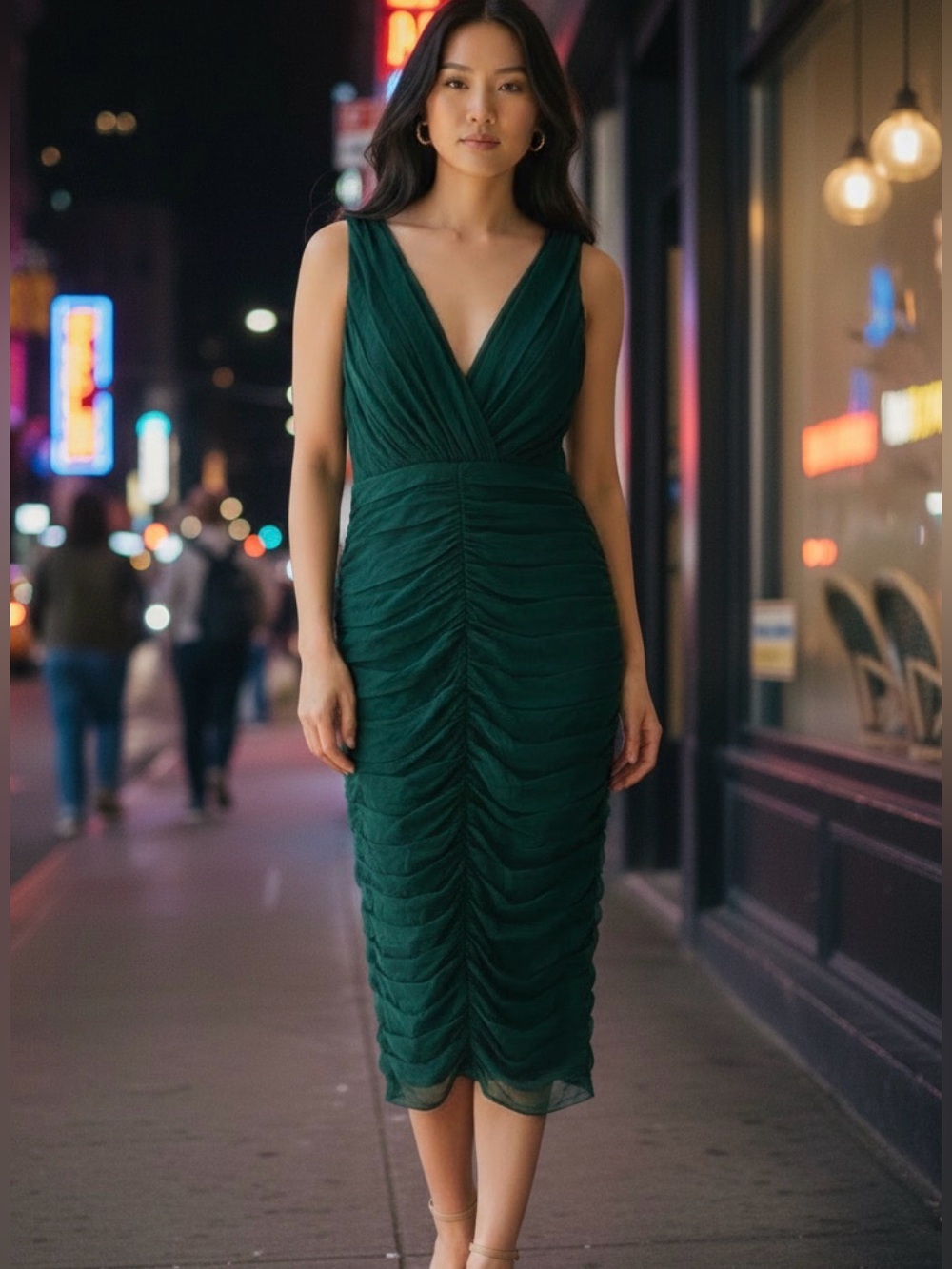 Tadashi Shoji Emerald Green Ruched Midi Dress